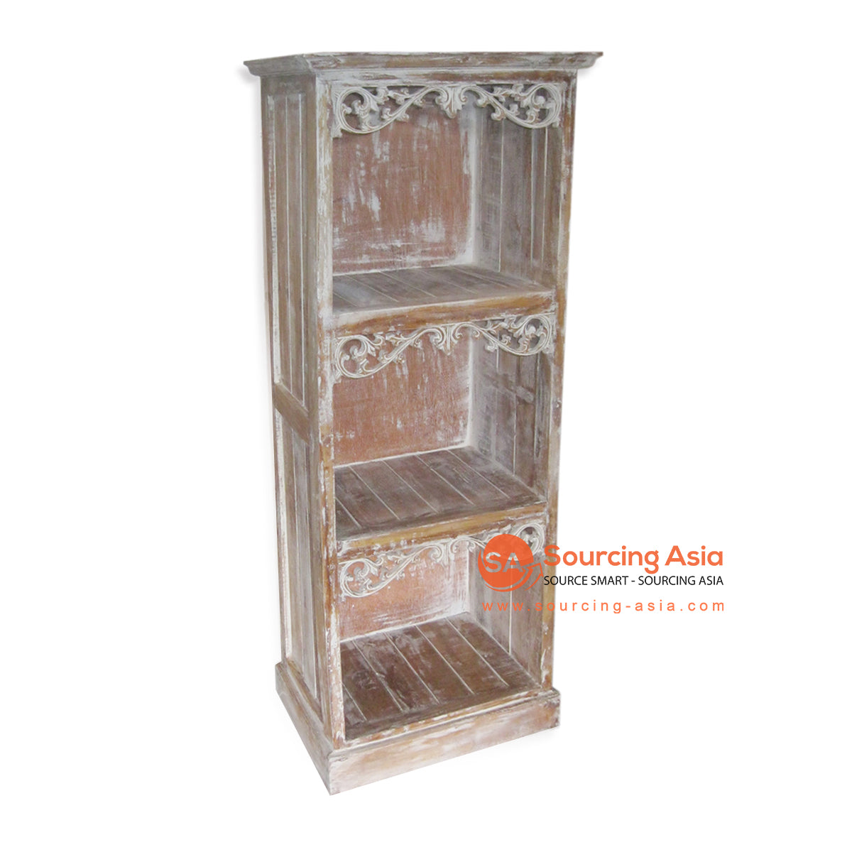 THE051-1 BROWN WASH WOODEN BOOK RACK WITH THREE SLOTS AND CARVING