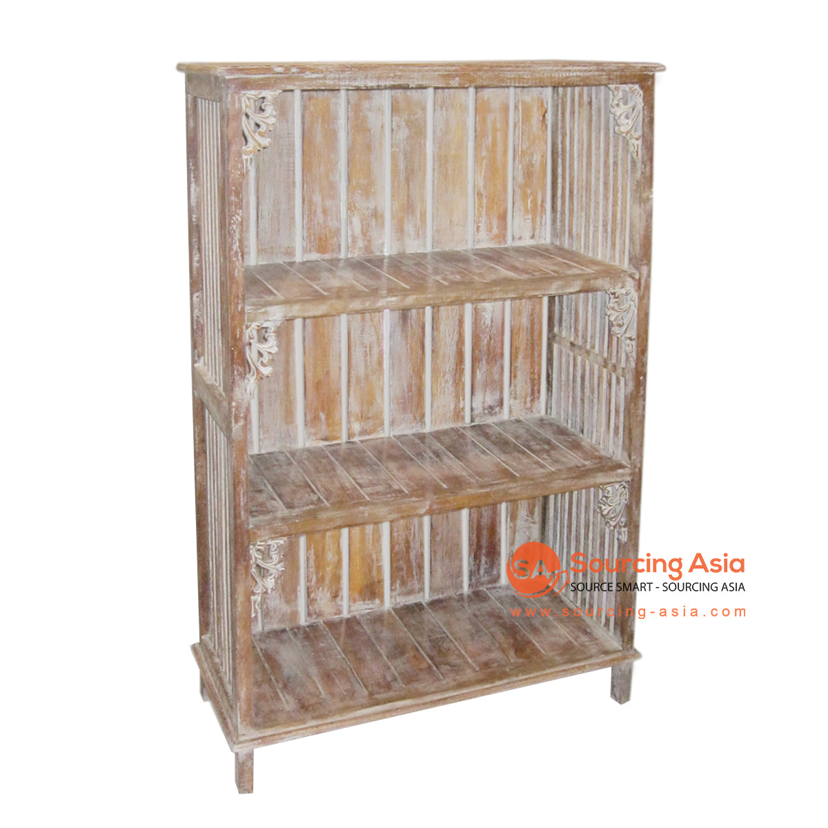 THE079-1 BROWN WASH WOODEN BOOK SHELF WITH THREE SLOTS AND CARVING