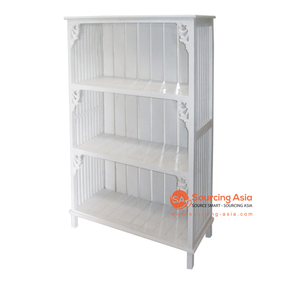 THE079 WHITE WASH WOODEN BOOK SHELF WITH THREE SLOTS AND CARVING