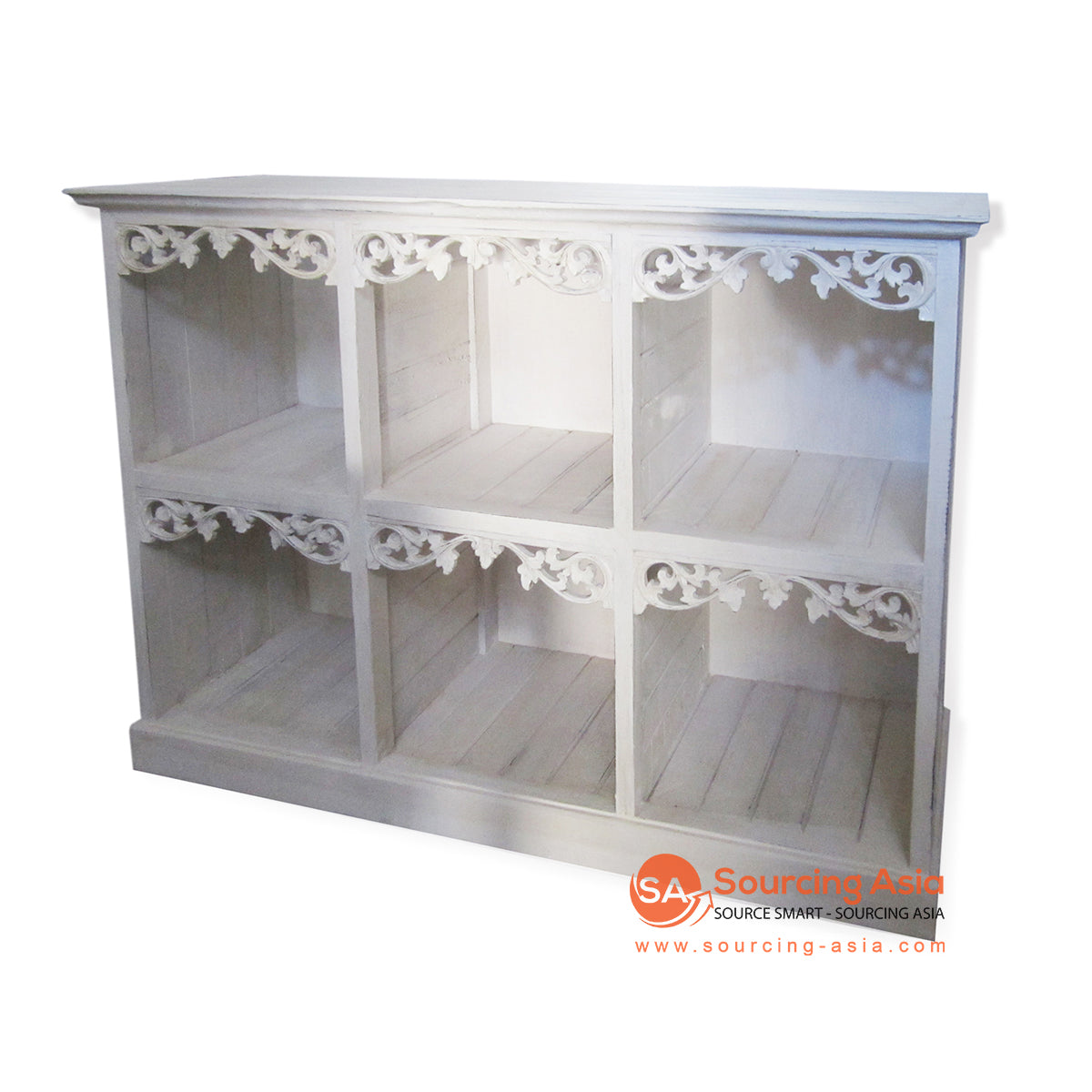 THE134WW WHITE WASH WOODEN BUFFET WITH SIX SHELVES AND CARVING