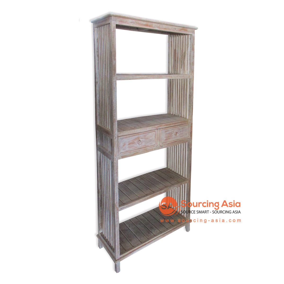 THE138BW BROWN WASH WOODEN BOOK RACK WITH TWO DRAWERS AND FOUR SLOTS