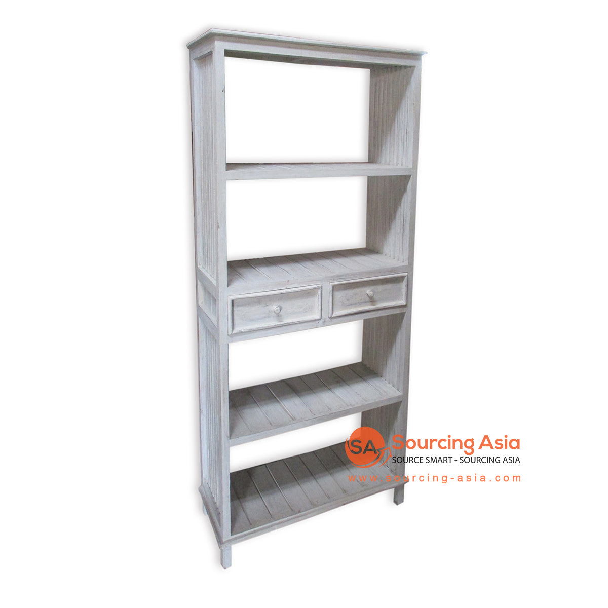 THE138WW WHITE WASH WOODEN BOOK RACK WITH TWO DRAWERS AND FOUR SLOTS