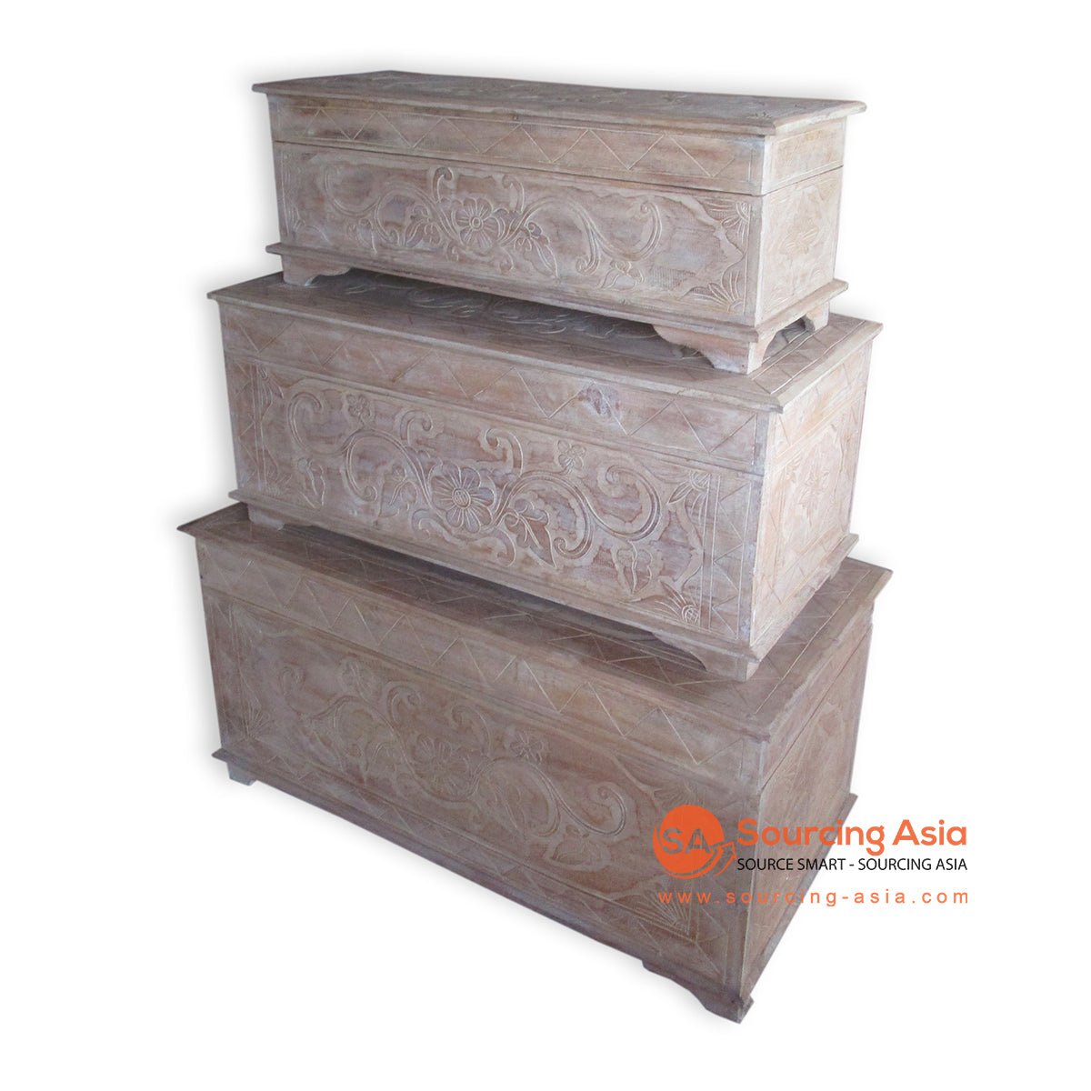 THE145BW-100 SET OF THREE BROWN WASH CARVED WOODEN BOXES