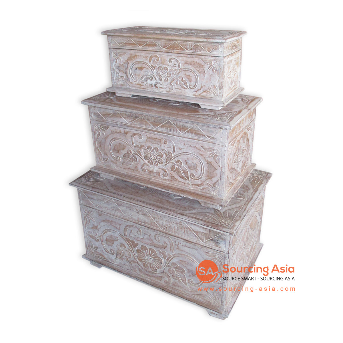 THE145BW SET OF THREE BROWN WASH CARVED WOODEN BOXES