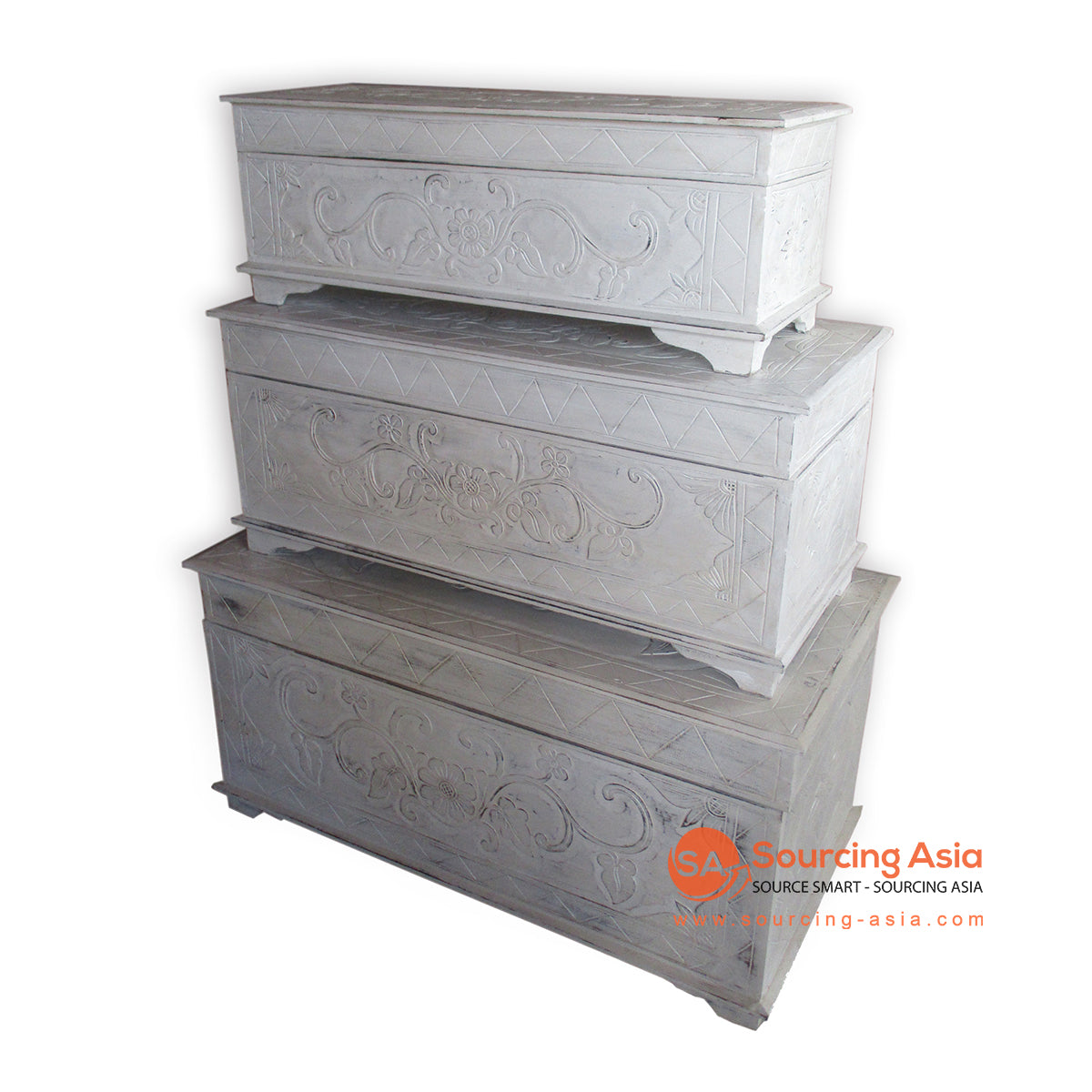 THE145WW-100 SET OF THREE WHITE WASH CARVED WOODEN BOXES
