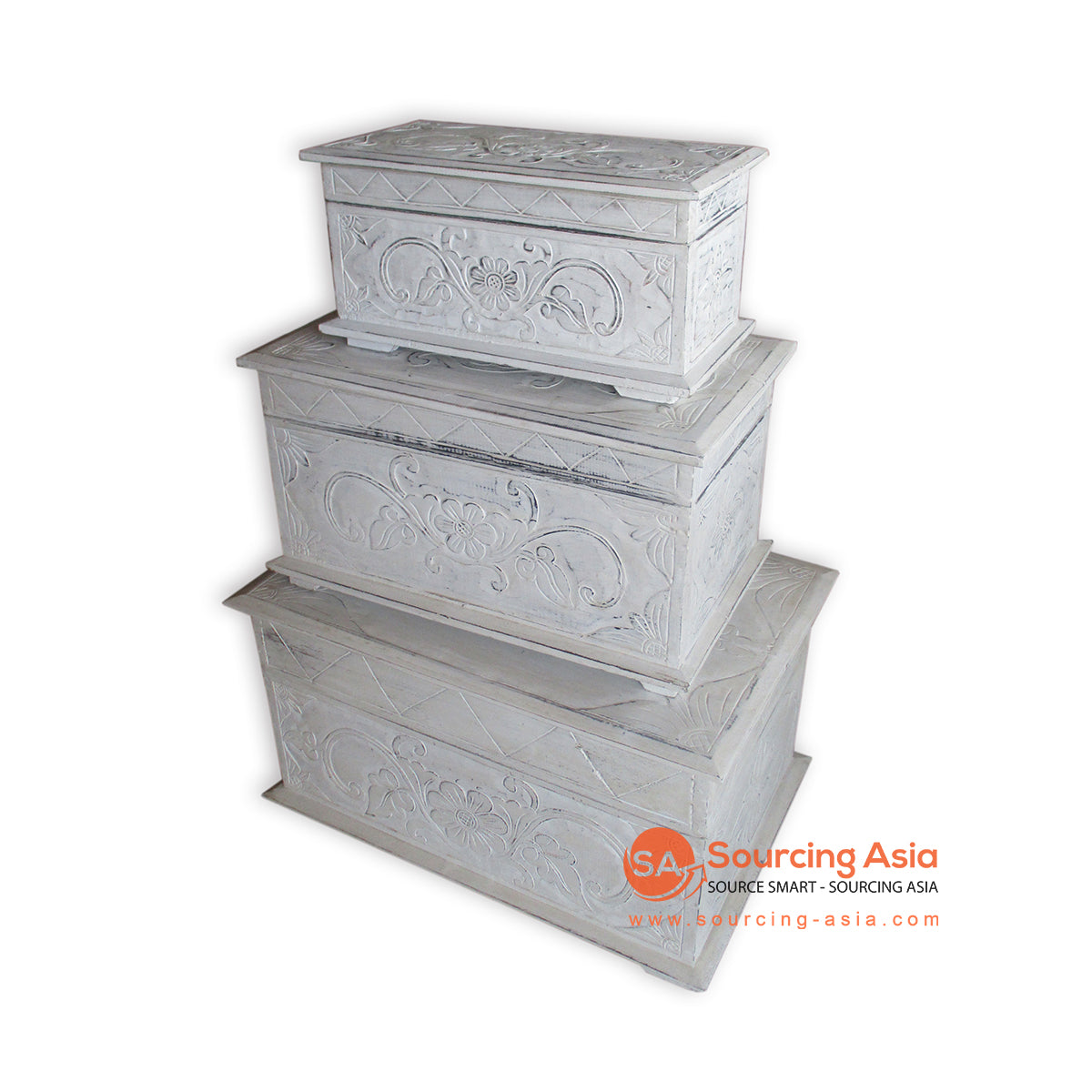 THE145WW SET OF THREE WHITE WASH CARVED WOODEN BOXES