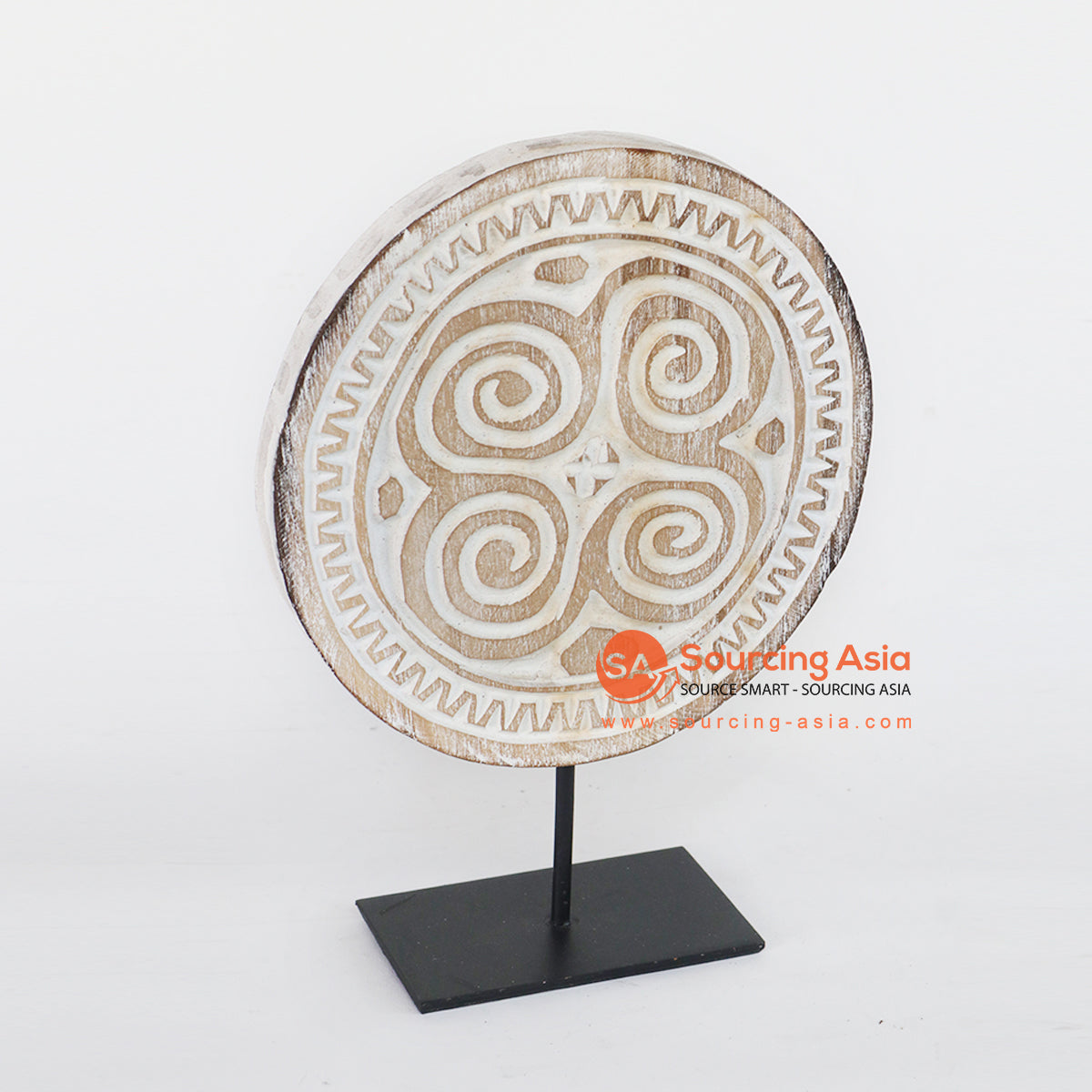 TKNC003 WHITE WASH WOODEN TRIBAL CARVED PLATE ON STAND DECORATION