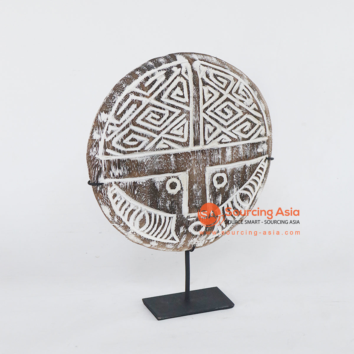TKNC020 WHITE WASH WOODEN TRIBAL CARVED MASK ON STAND DECORATION