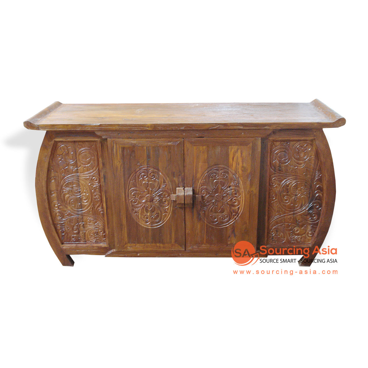 TR00174 NATURAL RECYCLED TEAK WOOD TWO DOORS ROUNDED ENDS BUFFET WITH CARVING