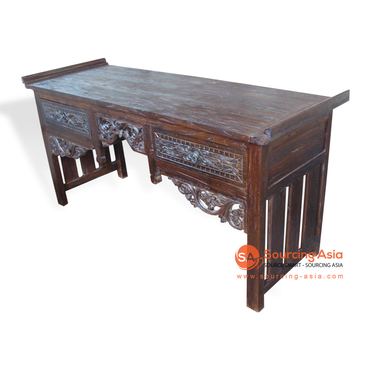 TRG196 SALAK BROWN RECYCLED TEAK WOOD SINGLE DRAWER CARVED CONSOLE