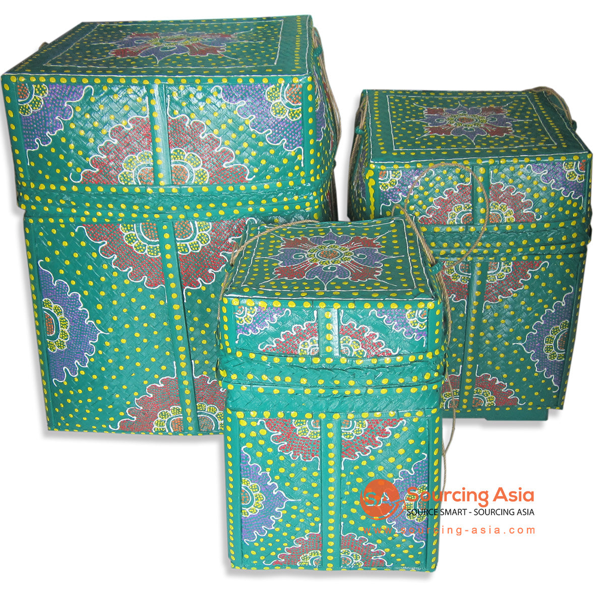 TUT014SET-GR SET OF THREE GREEN PAINTED CEREMONY BOXES
