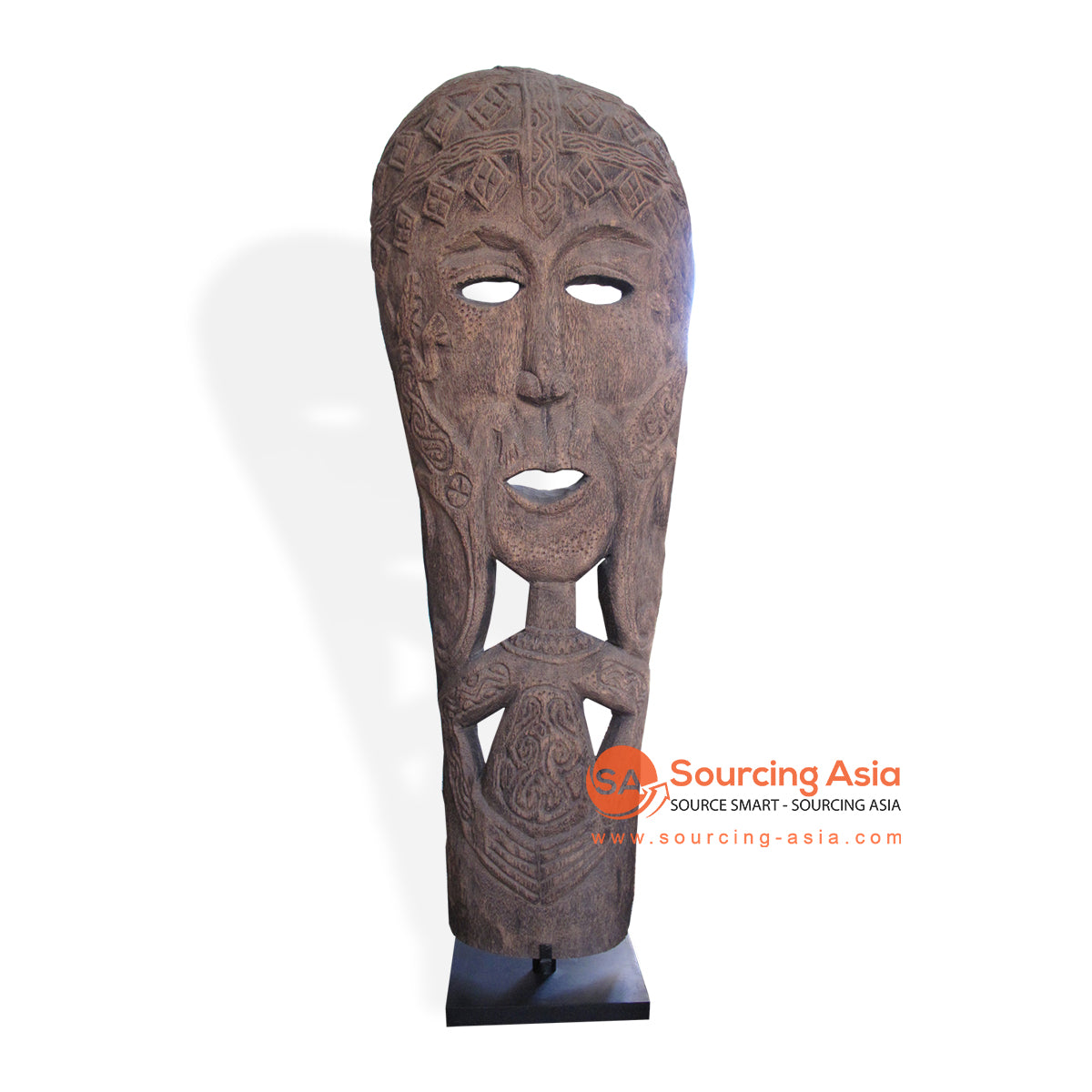 VCA002-6 BROWN WOODEN TRIBAL MASK ON STAND DECORATION
