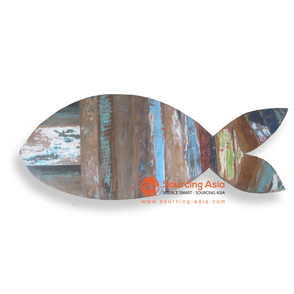 WK053-100 MULTICOLOR STRIPPED RECYCLED BOAT WOOD FISH DECORATION