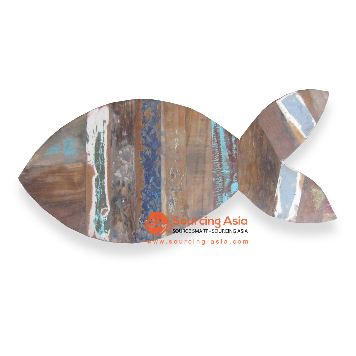 WK053-60 MULTICOLOR STRIPPED RECYCLED BOAT WOOD FISH DECORATION