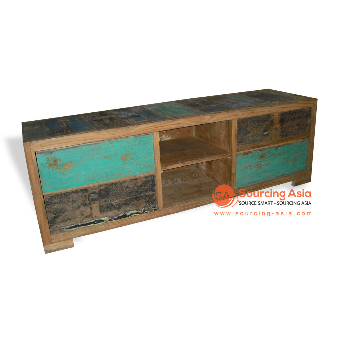 WK058 NATURAL RECYCLED BOAT WOOD FOUR DRAWERS ENTERTAINMENT UNIT