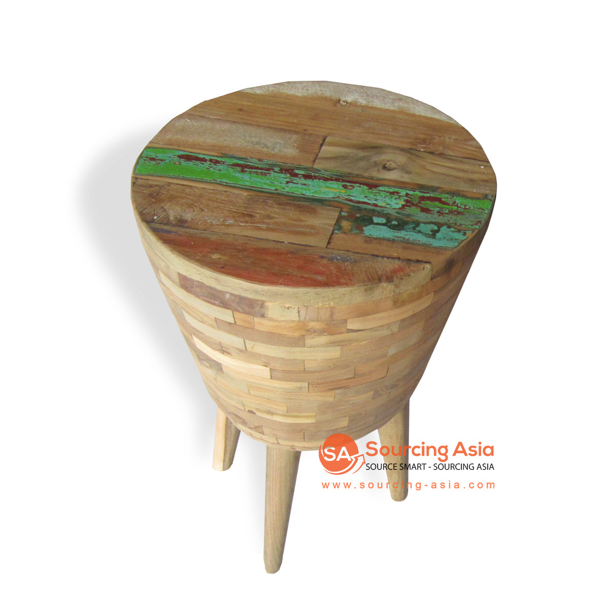 WK231 NATURAL MOZAIC RECYCLED BOAT WOOD STOOL AND SIDE TABLE