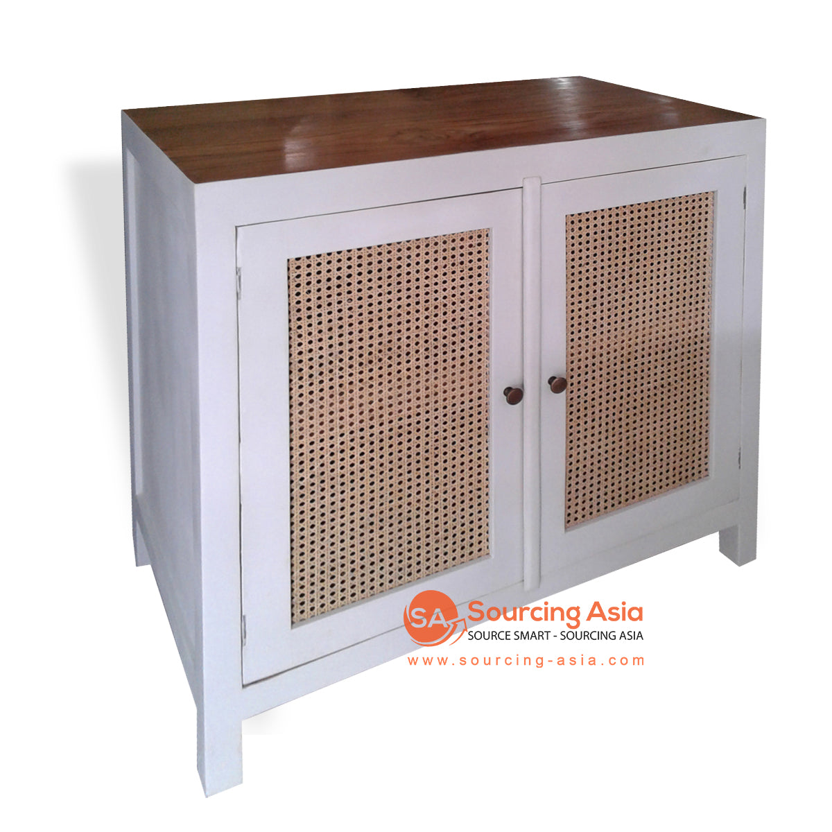 YOY032-1 WHITE TEAK WOOD AND NATURAL RATTAN TWO DOORS BUFFET
